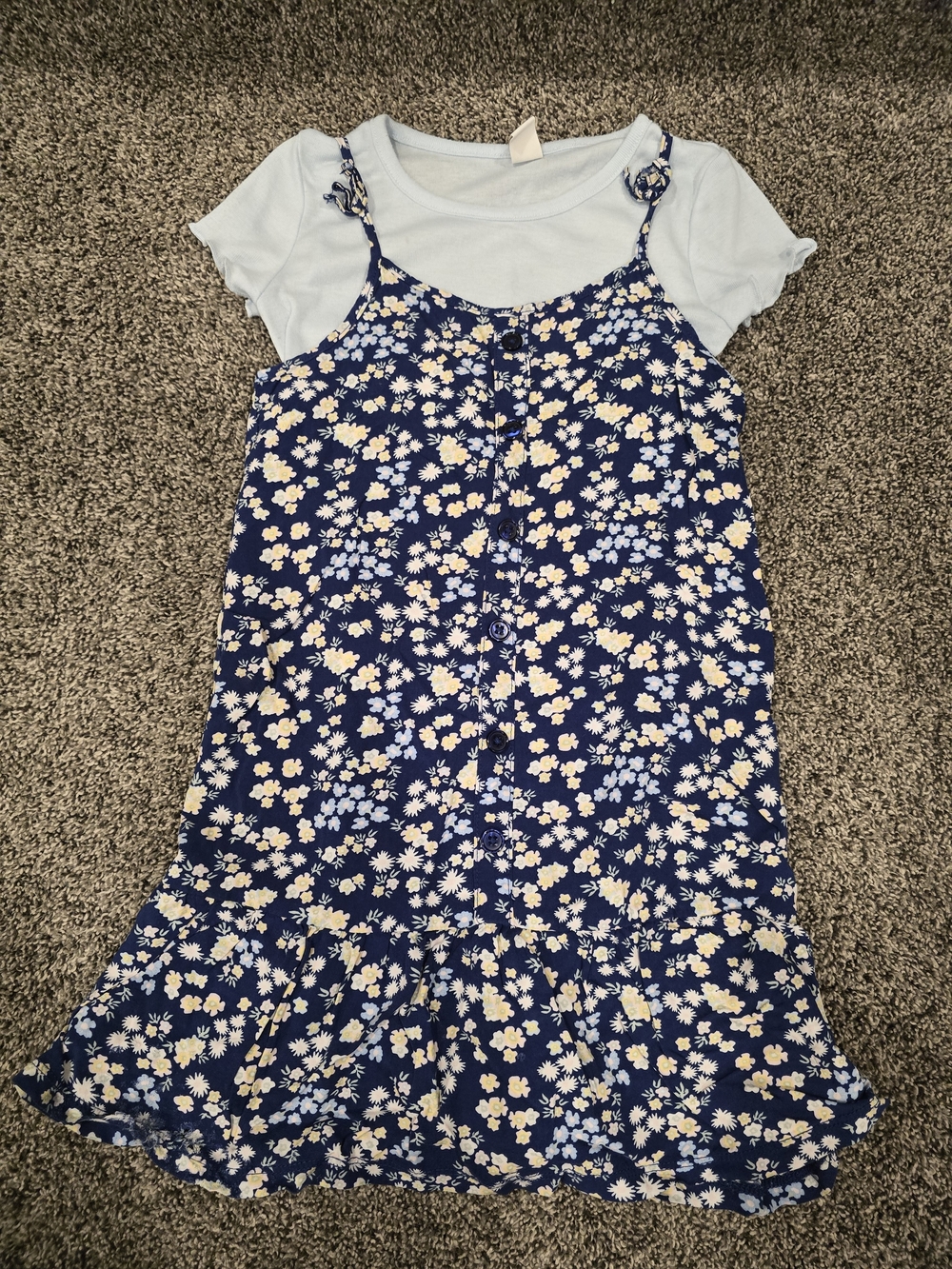 Girls Navy Floral Button-Front Sundress with Light Blue Tee